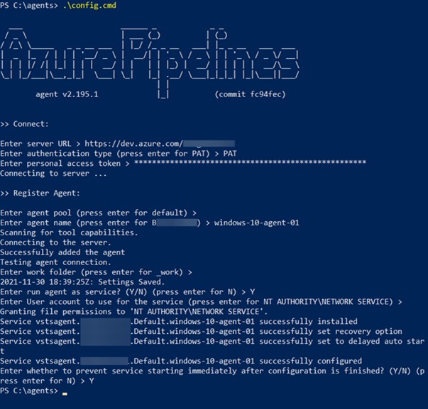 Command to configura un agente auto-hospedado para Azure