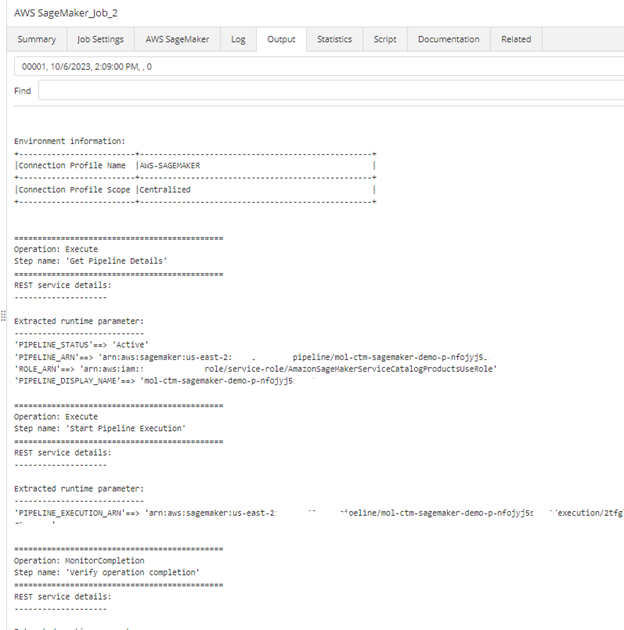 Figura 6. Vista de la salida de trabajos de Amazon SageMaker desde el dominio Control-M Monitoring.