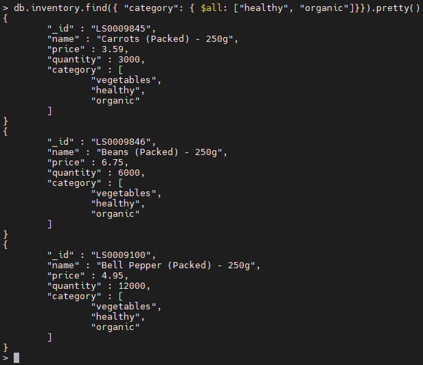 Ejemplo de operador $all de MongoDB.