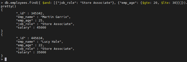 Ejemplo de operador $and MongoDB.