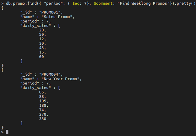 Ejemplo de operador $comment MongoDB.