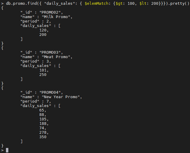 Ejemplo de operador $elemMatch MongoDB.