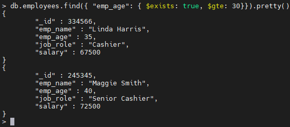 Ejemplo de operador $exists MongoDB.