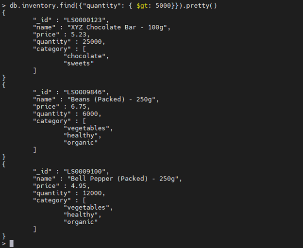 Ejemplo de operador $gt MongoDB.