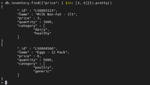Ejemplo de operador $in MongoDB.