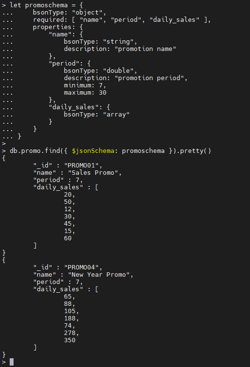 Ejemplo de operador $jsonschema MongoDB.