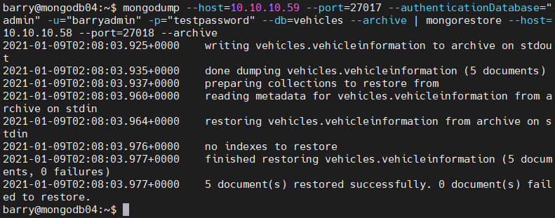 Crea una copia de seguridad desde una base de datos segura de MongoDB usando mongodump