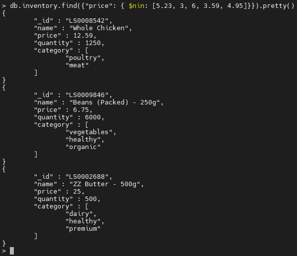 Ejemplo de operador $nin MongoDB.
