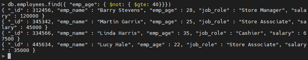 Ejemplo de operador $not MongoDB.