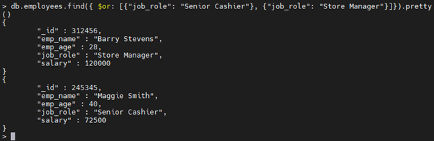 Ejemplo de operador $or MongoDB.