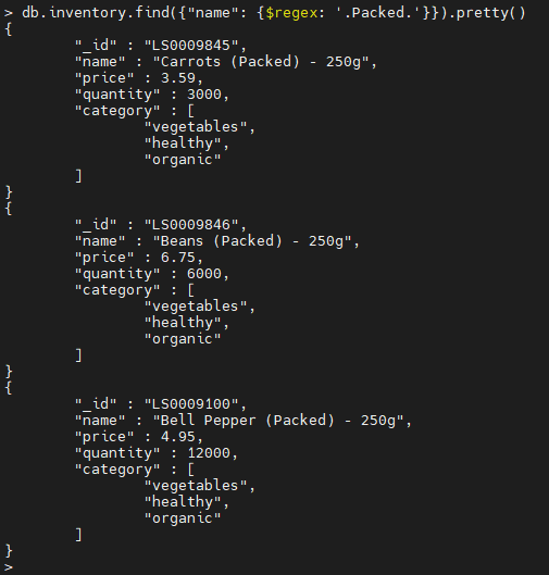 Ejemplo de operador $regex MongoDB.