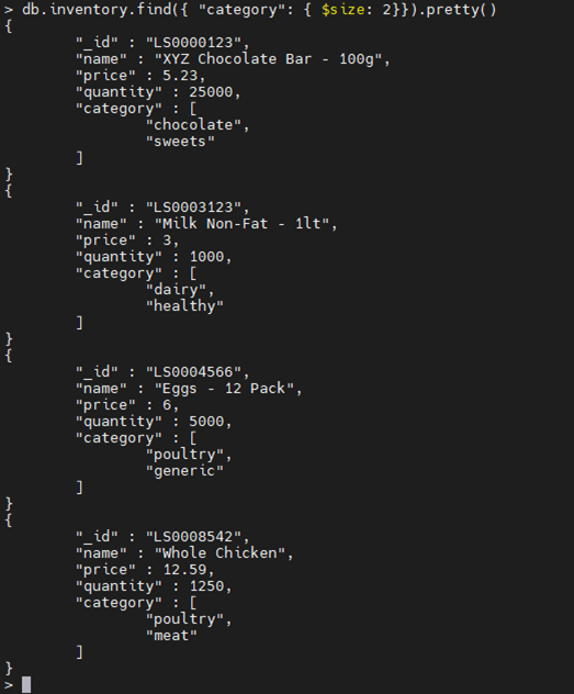 Ejemplo de operador $size MongoDB.