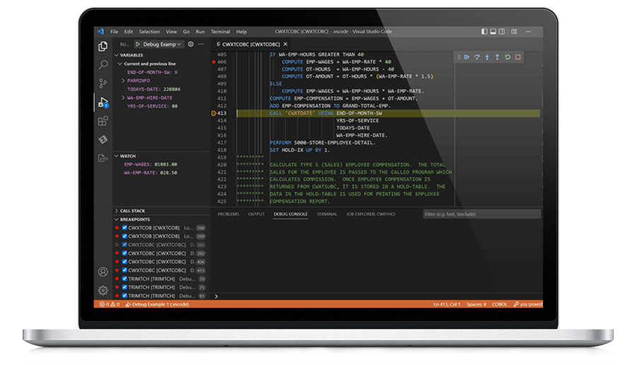 Batch debug mainframe applications including COBOL, PL/I, C, and Assembler programs.